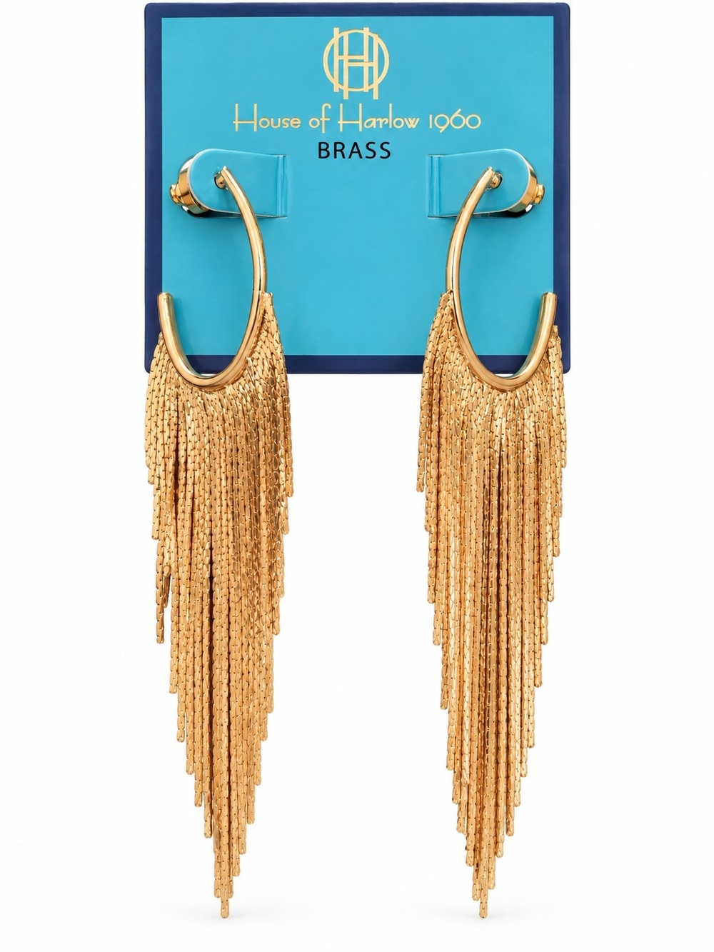 House of Harlow 1960 Brass Chain Tassel U-Shaped Hoop Earrings